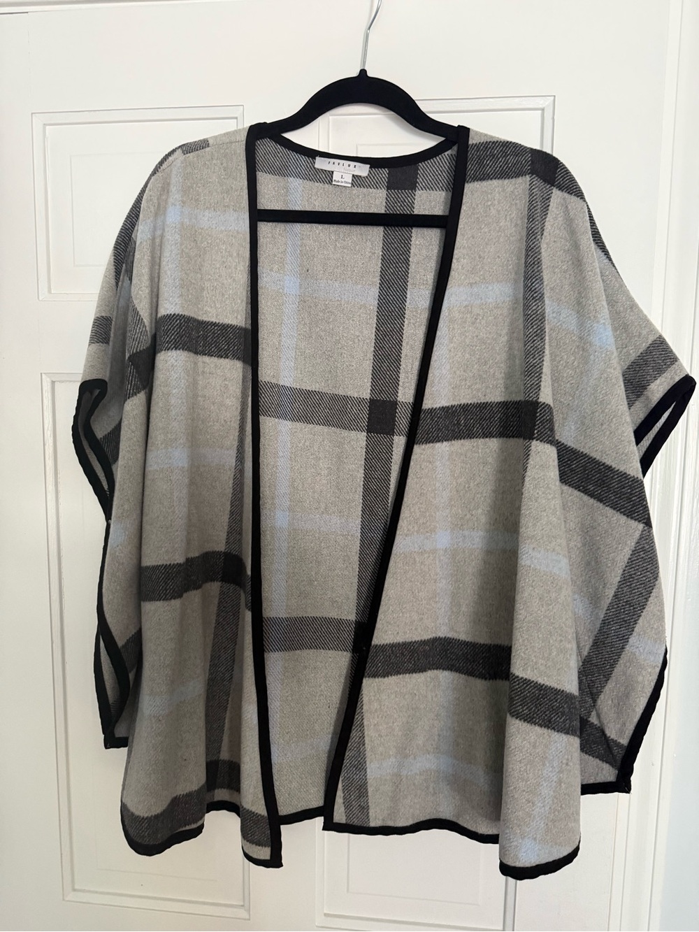 FAVLUX Gray Plaid Open-Front Cape with Black Trim